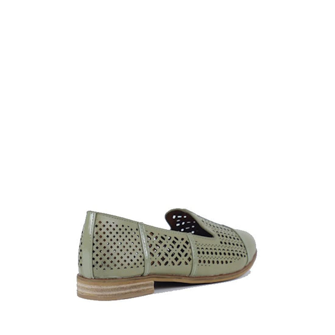 The Bay Lane Bayliss Sage Leather Women's Ballet Flat Loafer features intricate perforated detailing, a cushioned footbed, low wooden heel, and slip-on design, shown angled on a white background., 9357649063028, 9357649063035, 9357649063042, 9357649063059