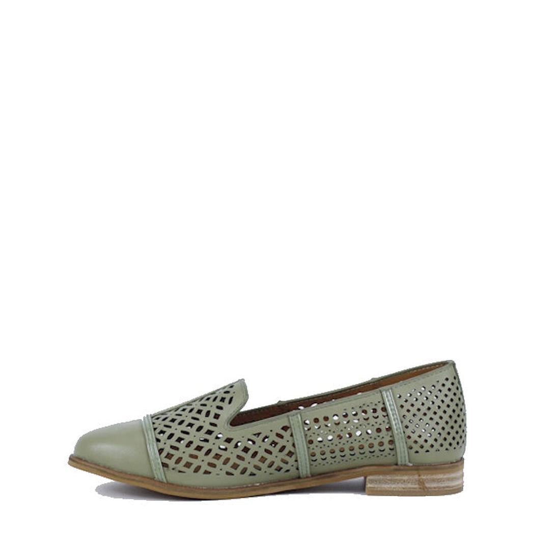 The Bay Lane Bayliss Sage Leather Womens Ballet Flat is a slip-on loafer with a cushioned footbed, low wooden heel, and geometric cutout upper, shown against a white background., 9357649063028, 9357649063035, 9357649063042, 9357649063059, 9357649063066, 4
