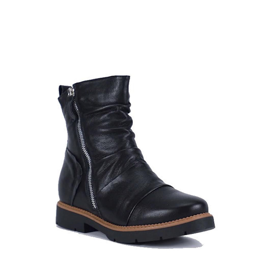 Bay Lane Calista Black Leather Zip Boot—an ankle boot with easy side zip, comfy low heel, brown sole, and great for orthotics.  ksnz