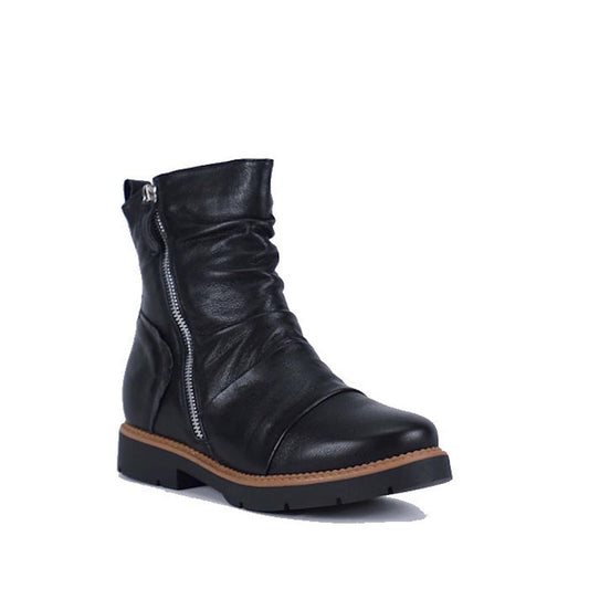 Bay Lane Calista Black Leather Zip Boot—an ankle boot with easy side zip, comfy low heel, brown sole, and great for orthotics.  ksnz