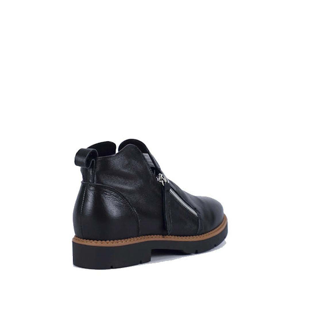 The Bay Lane Clara Black Women's Leather Low Cut Zip Ankle Boot features a comfort footbed, brown sole, side zipper, and heel pull tab. It's displayed at a slight angle on a white background., 51272, 9357649075694, 9357649075700, 9357649075717, 9357649075