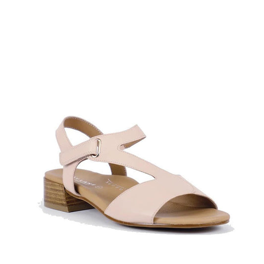 The Bay Lane Dune Womens Leather Low Heel Sandal in blush pink features an open toe, cushioned footbed, low wooden block heel, side cutout details, and an adjustable ankle strap with buckle.