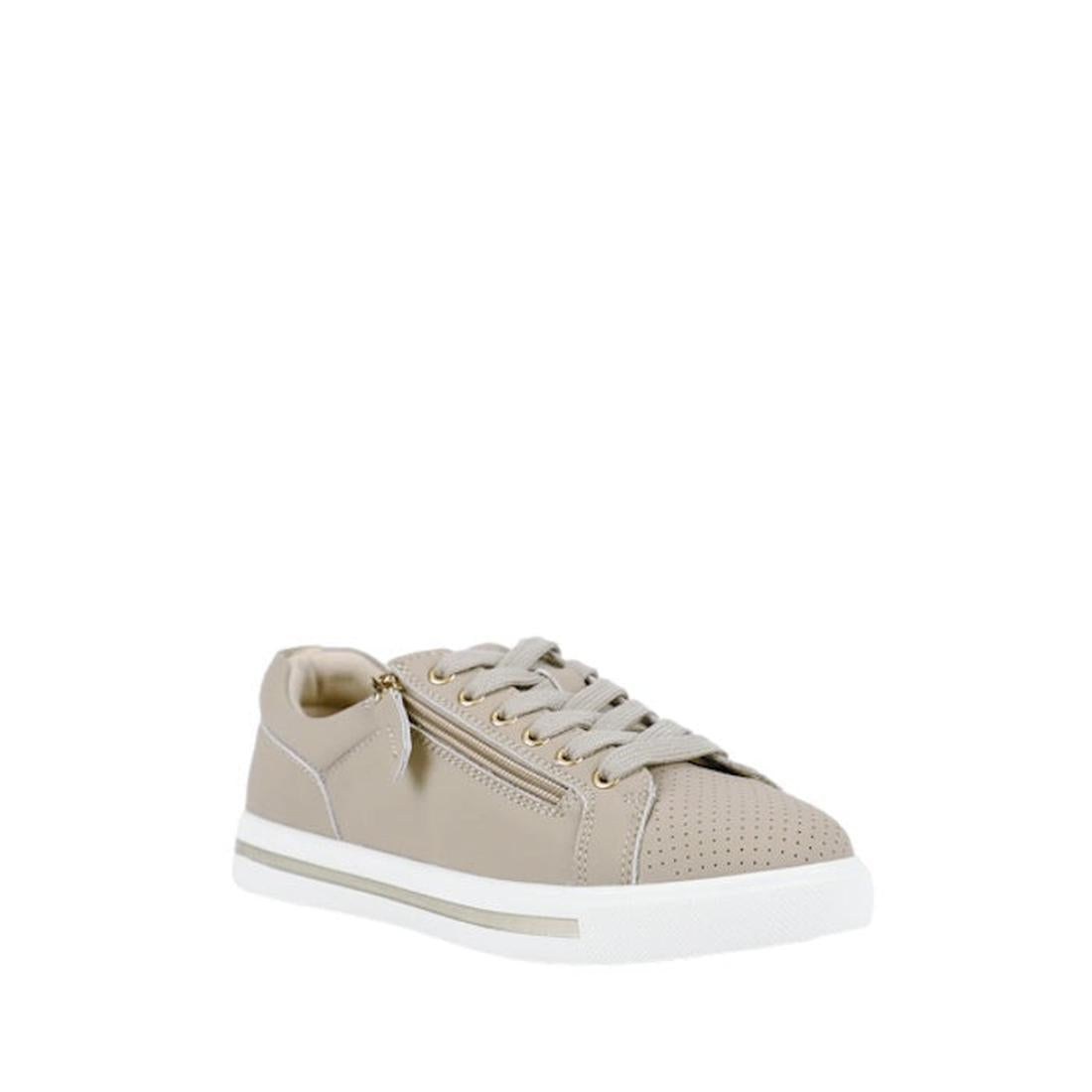 Bay Lane Kiki Womens Nude Beige Leather Zip Sneaker with a white sole, beige laces, comfort footbed, perforated toe area, and side zipper, shown on a white background.