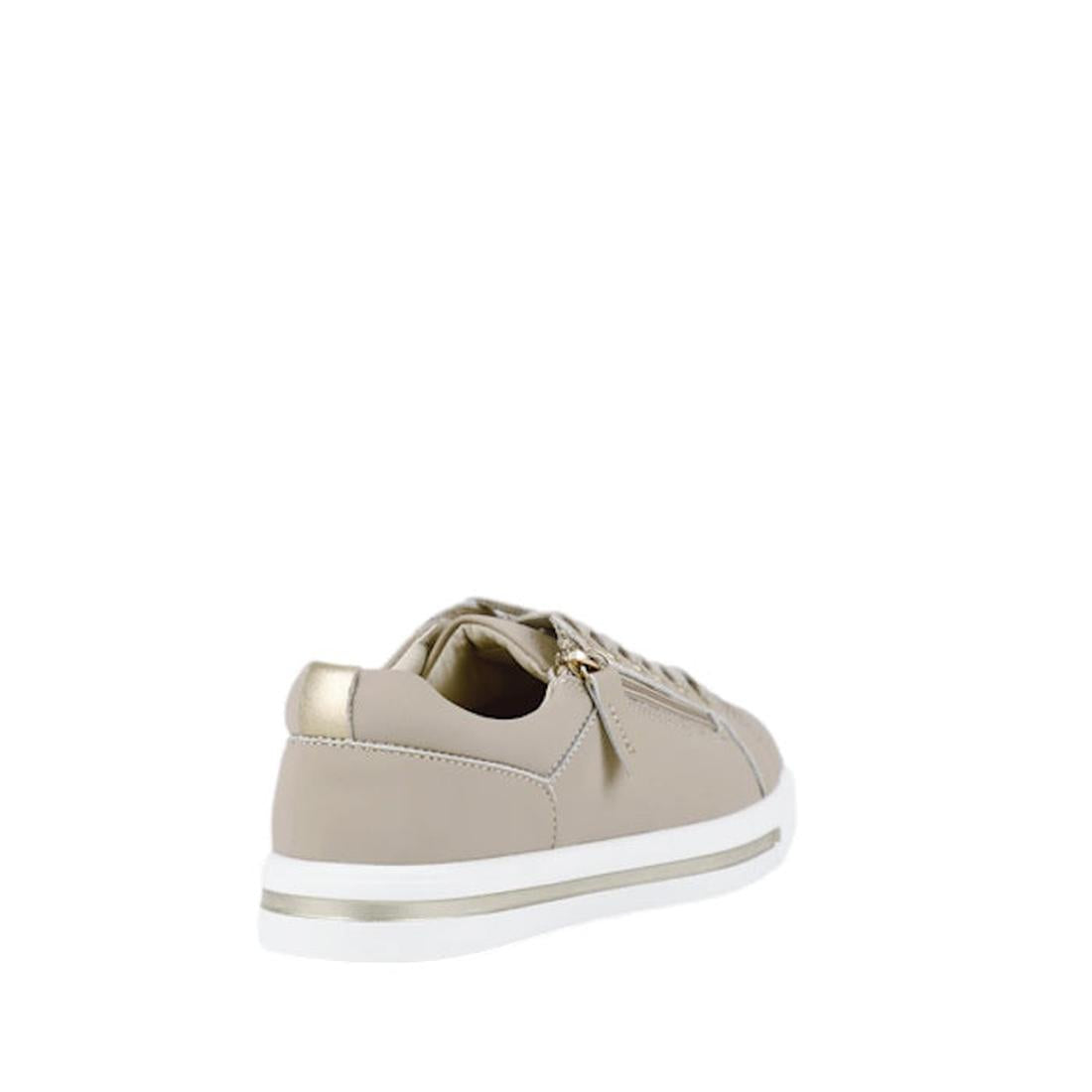 The Bay Lane Kiki Womens Nude Beige Leather Zip Sneaker features a beige leather upper, white sole, and metallic gold accents on the heel and side, plus a comfort footbed, shown from the back left on a plain white background., 47114, 9357649041392, 935764