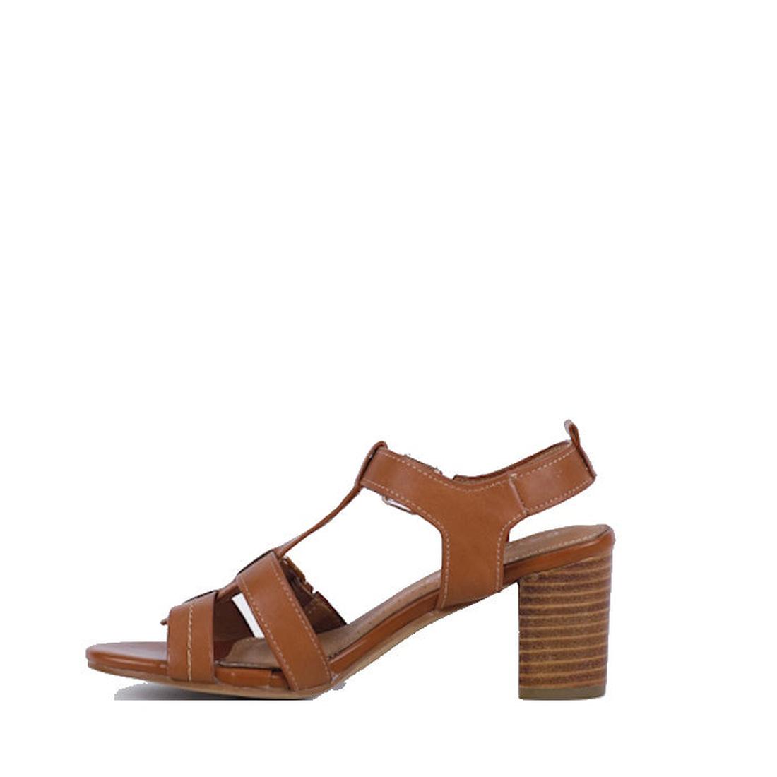 The Bay Lane Nickel Tan Womens Leather Heeled Sandal features brown straps, an open toe, cushioned footbed, and a medium stacked block heel, shown against a plain white background., 9357649059403, 9357649059410, 9357649059427, 9357649059434, 9357649059441