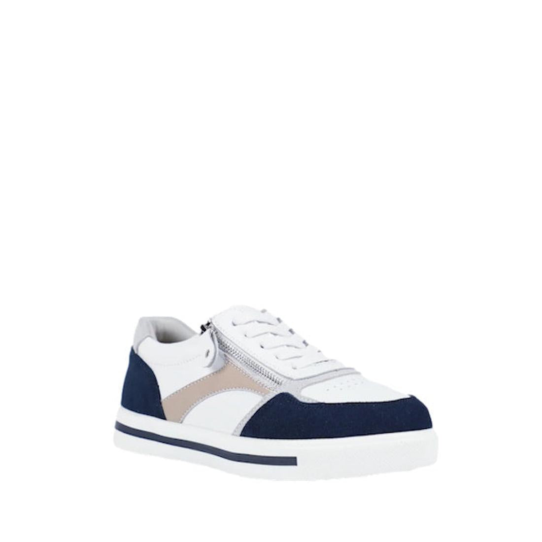 The Bay Lane Noosa White Navy Womens Leather Zip Sneaker features premium white leather with beige accents, a navy blue stripe on the sole, white laces, and an orthotic-friendly design. Shown against a plain white background.
