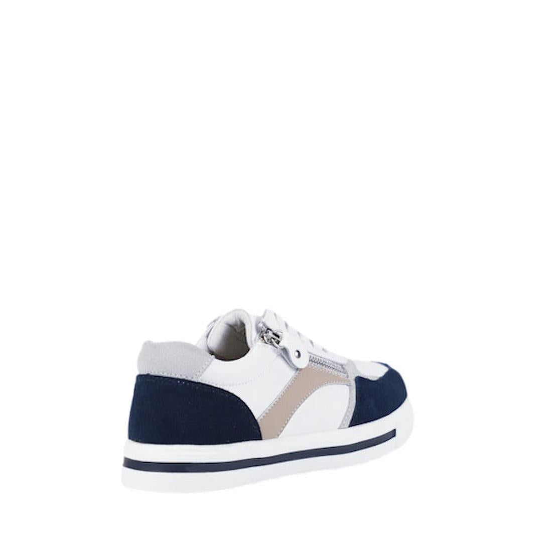 The Bay Lane Noosa White Navy Womens Leather Zip Sneaker is a low-top, orthotic-friendly shoe in white, navy, and gray with a lace-up front, zip detail, and a white sole with navy stripe, shown from the back right side. Casual and sporty design., 47121, 9