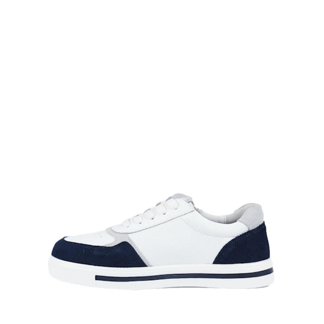 The Bay Lane Noosa White Navy Womens Leather Zip Sneaker features white leather with gray and navy accents, white laces, a navy-striped sole, and is stylish and versatile—perfect for everyday wear. Shown on a plain white background., 47121, 9357649066500,