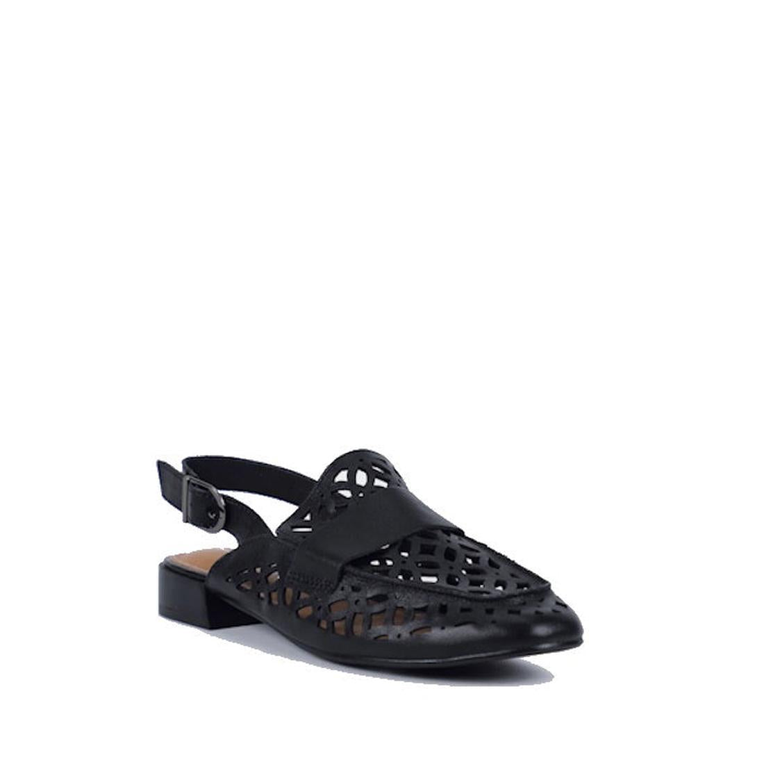 The Bay Lane Prima Black Leather Sling Back Sandal features laser-cut detailing, a flat heel, and a closed pointed toe, shown against a white background.