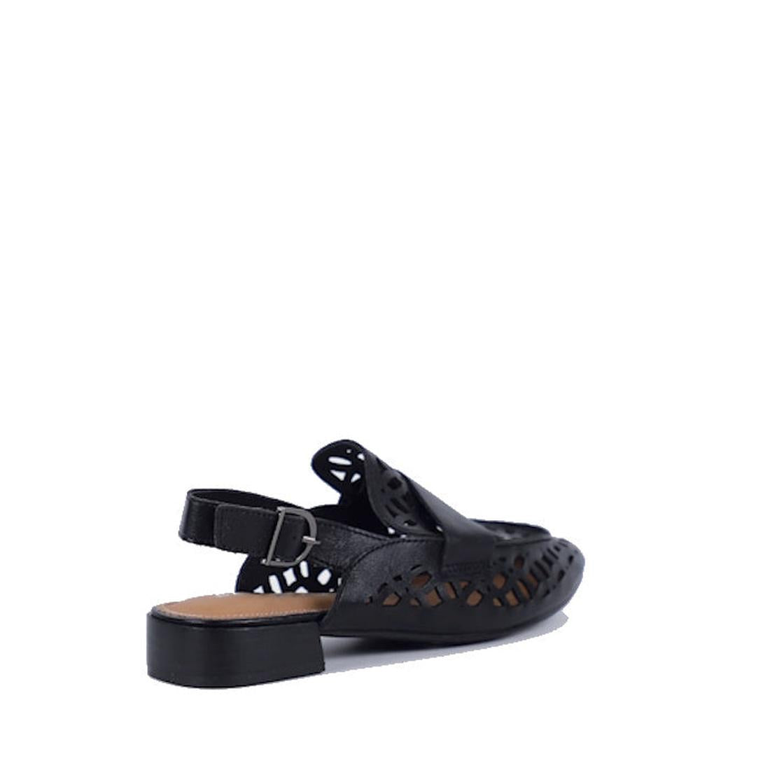The Bay Lane Prima Black Leather Sling Back Sandal features a low heel, cushioned footbed, and decorative laser-cut details on the sides and upper, shown against a plain white background., 9357649047233, 9357649047240, 9357649047257, 9357649047264, 935764