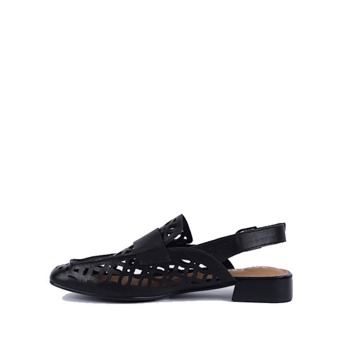 The Bay Lane Prima Black Leather Sling Back Sandal features a closed, slightly pointed toe, cushioned footbed, low heel, and geometric laser-cut detailing. Shown in black leather against a plain white background., 9357649047233, 9357649047240, 93576490472