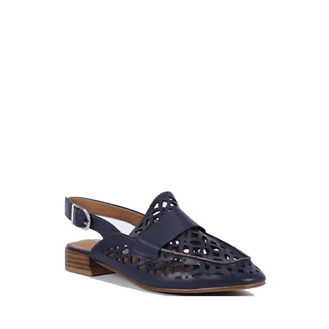 The Bay Lane Prima Navy Leather Women's Sling Back Sandal features a pointed toe, laser-cut leather upper, low wooden heel, slingback style, and cushioned footbed for comfort.
