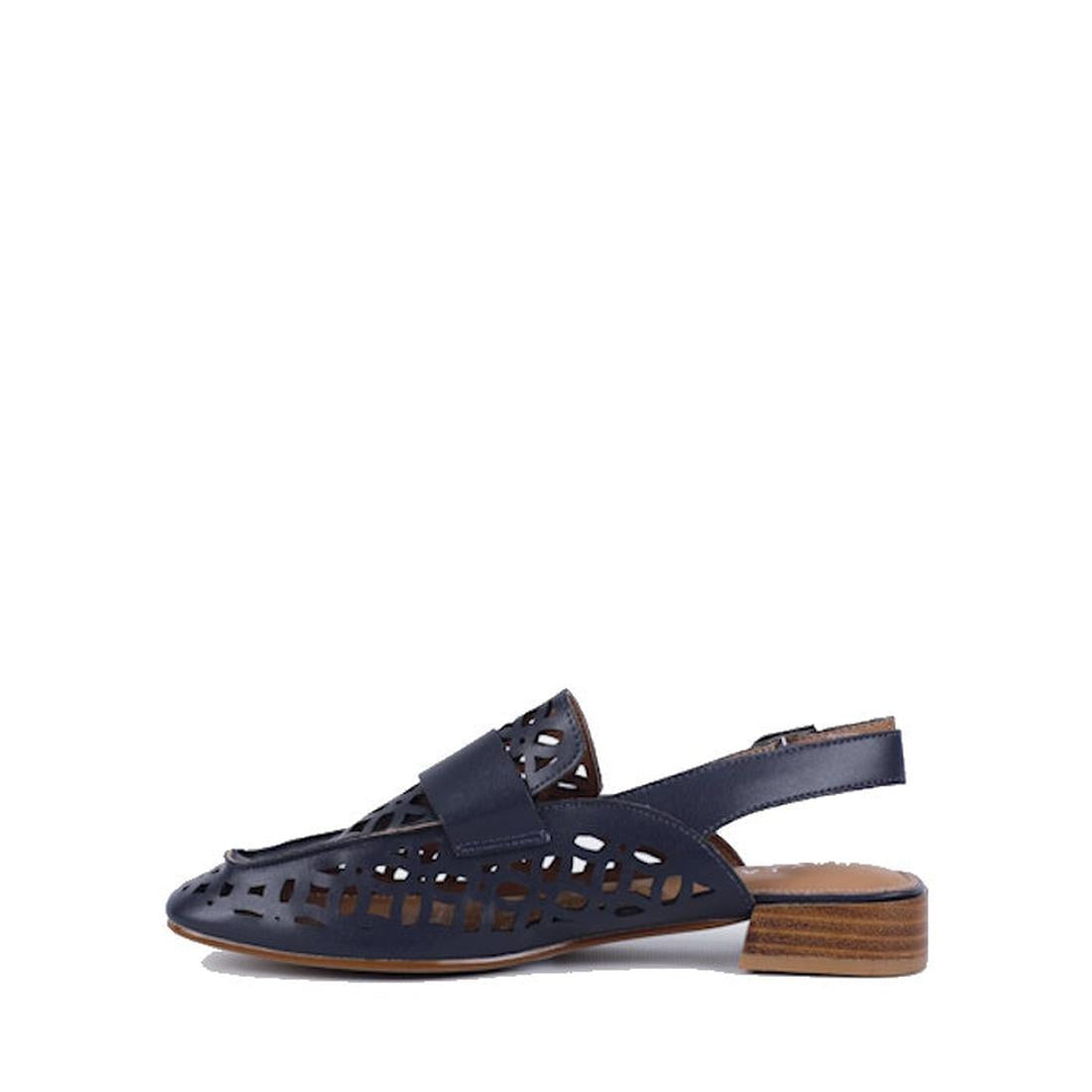 The Bay Lane Prima Navy Leather Womens Sling Back Sandal features a low wooden heel, cut-out geometric pattern, cushioned footbed, and is displayed against a plain white background., 9357649062700, 9357649062717, 9357649062724, 9357649062731, 935764906274