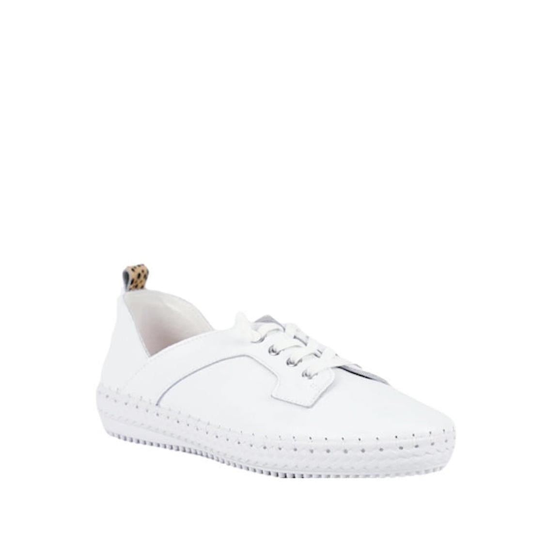 The Bay Lane Scali White Womens Leather Summer Shoe is a white leather sneaker with white laces, a textured sole, and a leopard-print heel pull tab. Orthotic-friendly with removable insoles, it's shown on a white background.
