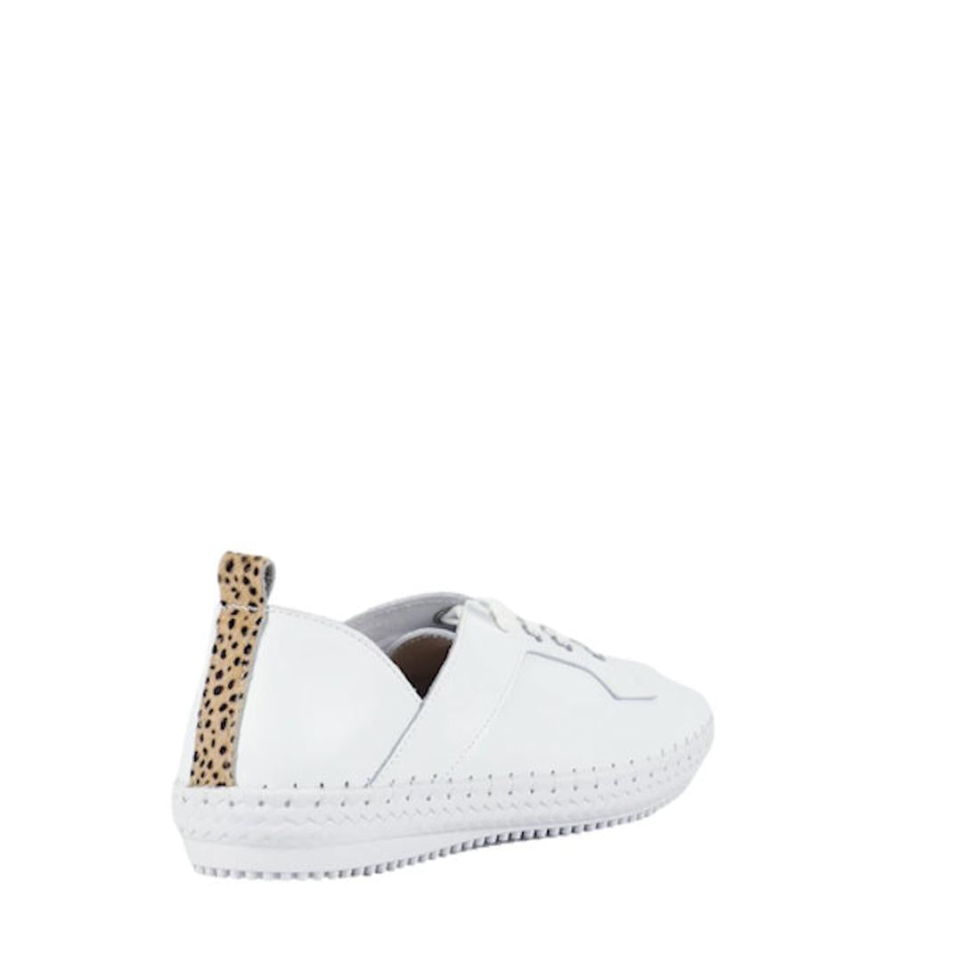 The Bay Lane Scali White Womens Leather Summer Shoe features a textured sole, lace-up front, tan pull tab with black spots at the heel, removable orthotic-friendly insoles, and is shown on a plain white background., 47107, 9357649066746, 9357649066753, 93