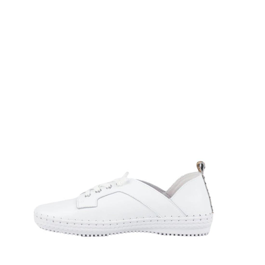 The Bay Lane Scali White Womens Leather Summer Shoe is shown in side profile with a flat sole, white laces, silver heel pull tab, and removable insoles for orthotic-friendly wear, set against a plain white background., 47107, 9357649066746, 9357649066753,