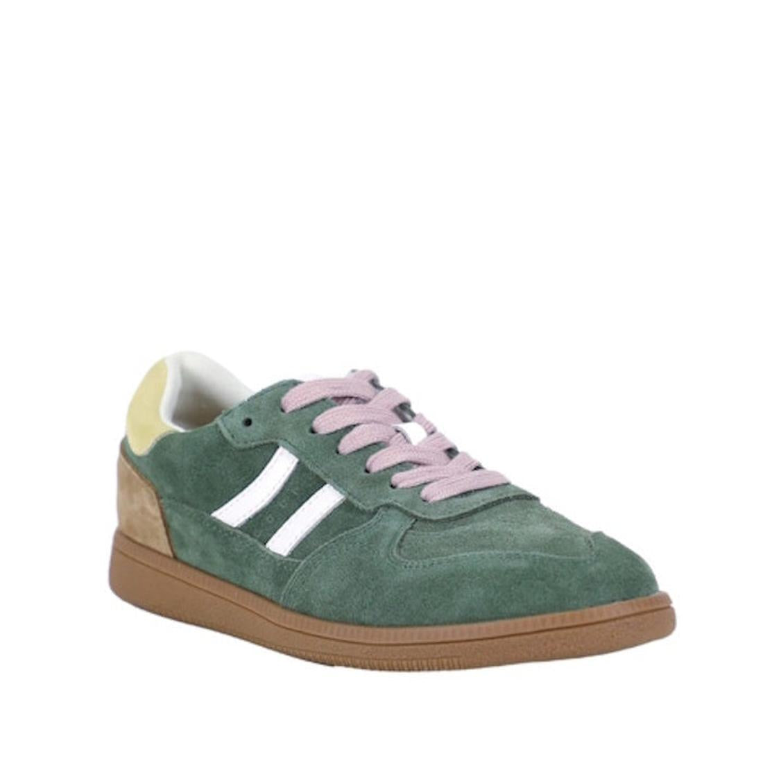 Bay Lane Sunny Green Suede Retro Lace Up Multi Fit Trainer—comfortable sneaker with pink laces, sturdy brown sole, and tan heel patch.  ksnz