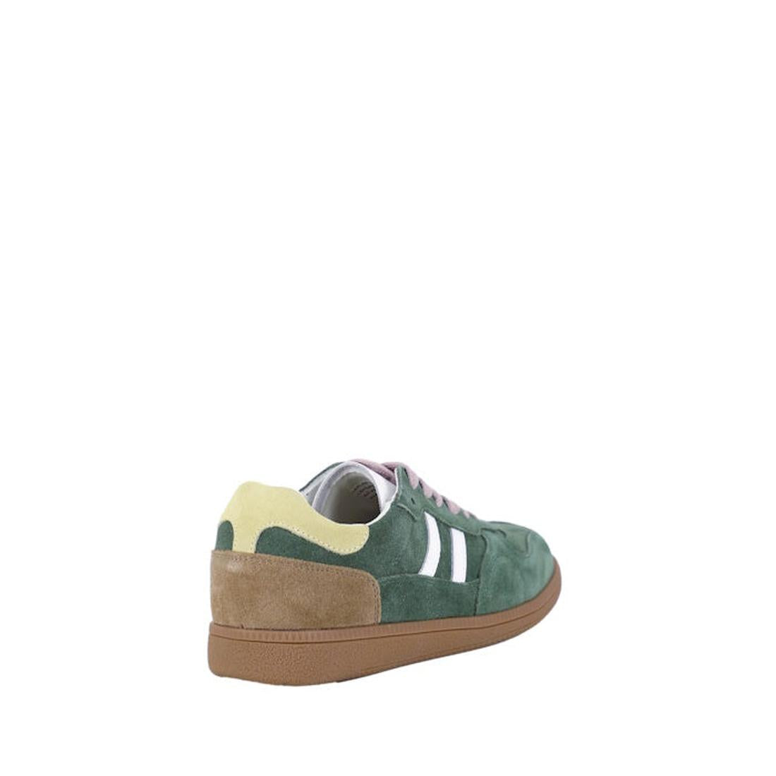 Bay Lane Sunny Green Suede Retro Lace Up Multi Fit Trainers in green and beige, with white stripes, brown heel, gum sole, lace closure.  ksnz, 51236, 9357649074949, 9357649074956, 9357649074963, 9357649074970, 9357649074987, 51242