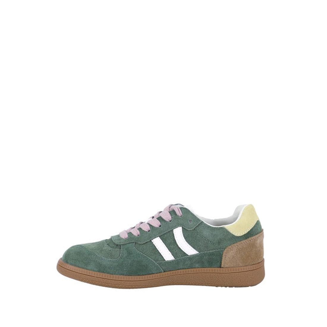 The Bay Lane Sunny Green Suede Retro Lace Up is a comfy sneaker in green suede with pink laces, white stripes, and a brown sole.  ksnz, 51236, 9357649074949, 9357649074956, 9357649074963, 9357649074970, 9357649074987, 51242