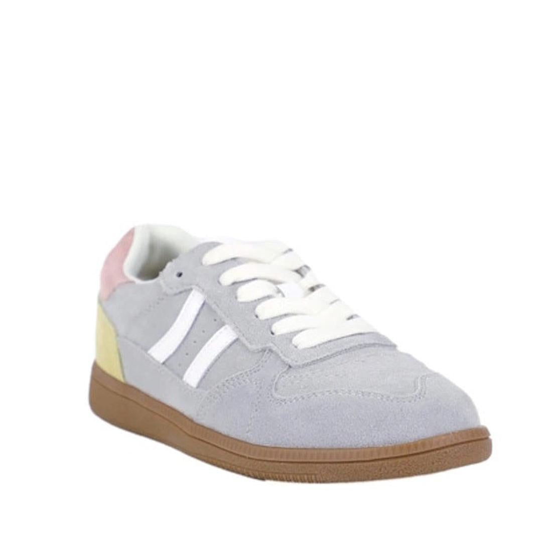 Bay Lane Sunny Grey Suede Retro Lace Up Multi Fit Trainer in soft grey suede, sturdy tan sole, white laces, and colorful heel accents.  ksnz