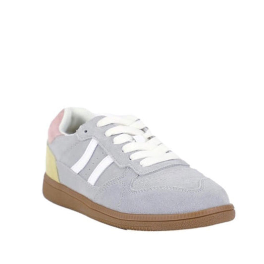 Bay Lane Sunny Grey Suede Retro Lace Up Multi Fit Trainer in soft grey suede, sturdy tan sole, white laces, and colorful heel accents.  ksnz