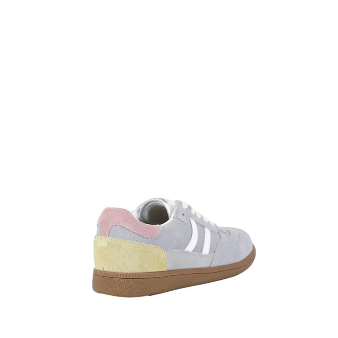 Bay Lane Sunny Grey Suede Retro Lace Up Multi Fit Trainer—light grey suede, easy lace closure, soft pink and yellow accents, sturdy brown sole.  ksnz, 51243, 9357649075120, 9357649075137, 9357649075144, 9357649075151, 9357649075168, 51249