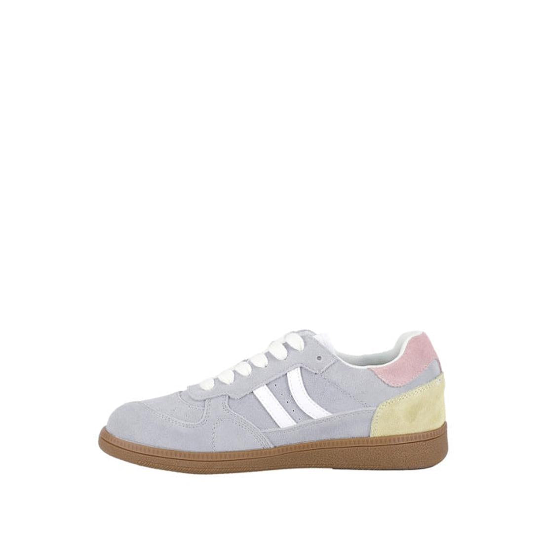 The Bay Lane Sunny Grey Suede Retro Trainer: soft grey suede, white laces, tan sole, fun pink and yellow touches—comfy for all kids!.  ksnz, 51243, 9357649075120, 9357649075137, 9357649075144, 9357649075151, 9357649075168, 51249