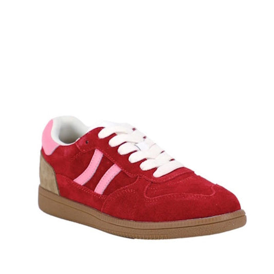 Bay Lane Sunny Red Suede Retro Lace Up Multi Fit Trainer: A comfy red sneaker with pink stripes, white laces, tan heel, brown sole.  ksnz
