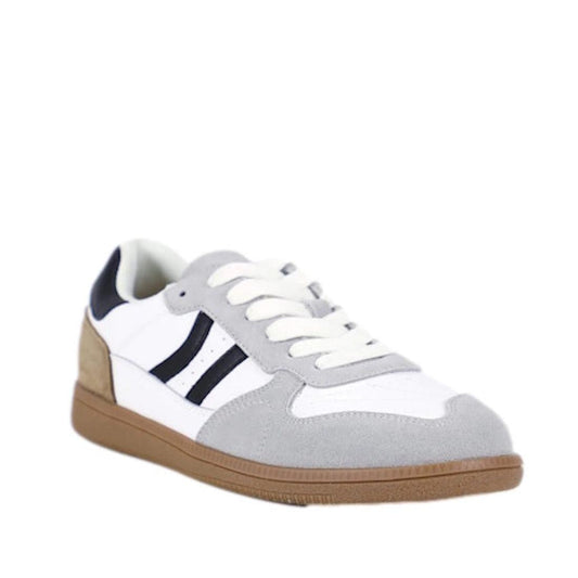 The Bay Lane Sunny White Suede Retro Lace Up Multi Fit Trainer features a white upper, grey suede accents, black side stripes, beige heel, and brown rubber sole. Orthotic-friendly, this casual sneaker offers retro style with angled design.