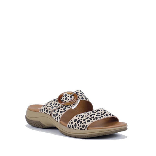 The Bay Lane Tacoma Cheetah Womens Leather Slide Sandal features beige and black animal print, two wide straps with an adjustable buckle, a cushioned footbed, and a low heel, shown on a white background.