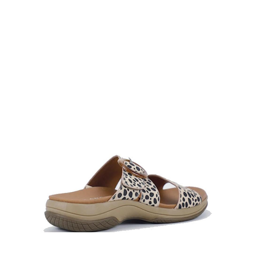 The Bay Lane Tacoma Cheetah Women's Leather Slide Sandal features beige slip-on style, cushioned footbed, and cheetah print detailing on the straps, displayed at an angle against a white background., 9357649058703, 9357649058710, 9357649058727, 9357649058