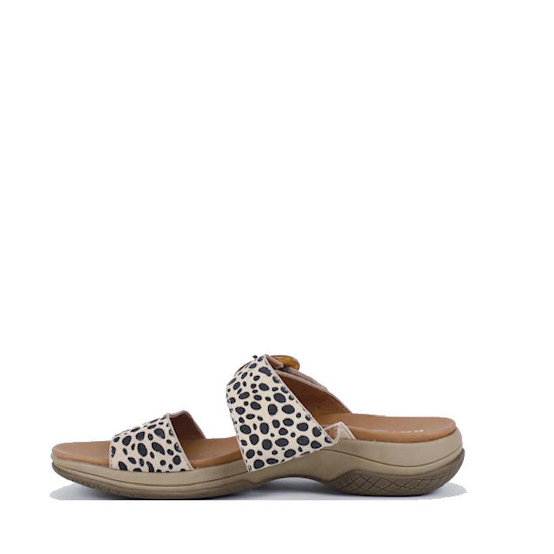 The Bay Lane Tacoma Cheetah Womens Leather Slide Sandal features two wide cream straps with a black cheetah print, an open-toe and open-heel design, cushioned footbed, and a low tan sole for comfortable, playful style., 9357649058703, 9357649058710, 93576