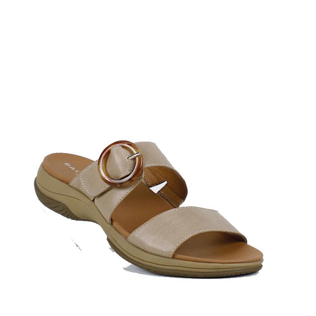 The Bay Lane Tacoma Latte Beige Womens Leather Slide Sandal features two wide straps—one with a large circular buckle—a cushioned footbed, and lightweight sole for all-day comfort and support.