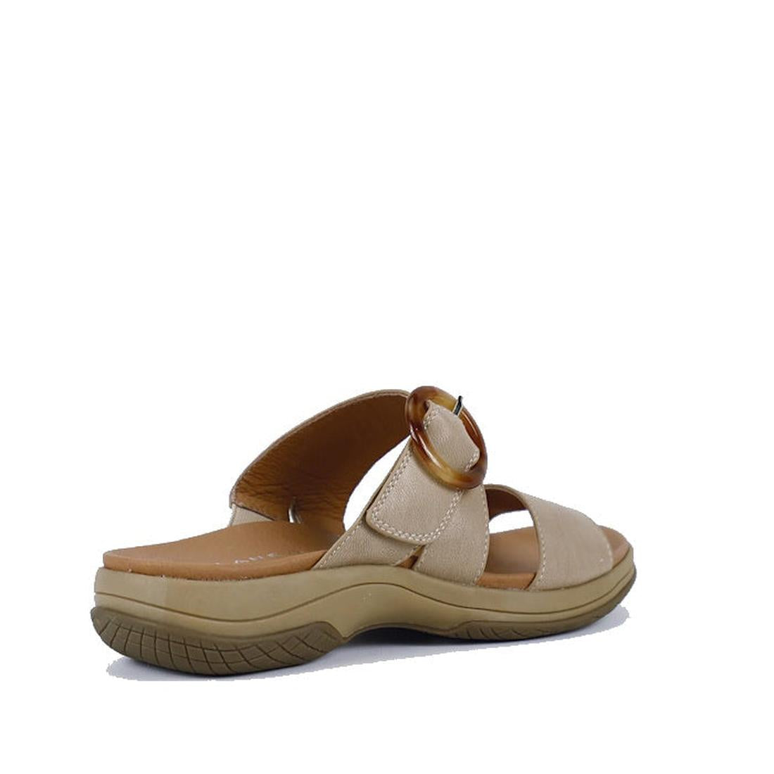 The Bay Lane Tacoma Latte Beige Women's Leather Slide Sandal features two wide straps with a round brown buckle, a thick lightweight sole, and cushioned footbed, displayed against a white background., 9357649058499, 9357649058505, 9357649058512, 935764905