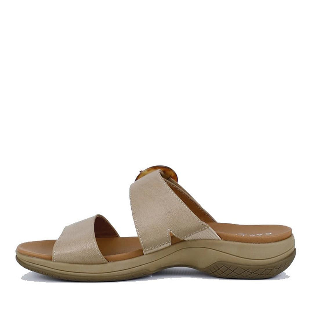 The Bay Lane Tacoma Latte Beige Women's Leather Slide Sandal features two wide straps and a low, contoured lightweight sole, shown in a side view against a white background., 9357649058499, 9357649058505, 9357649058512, 9357649058529, 9357649058536, 93576