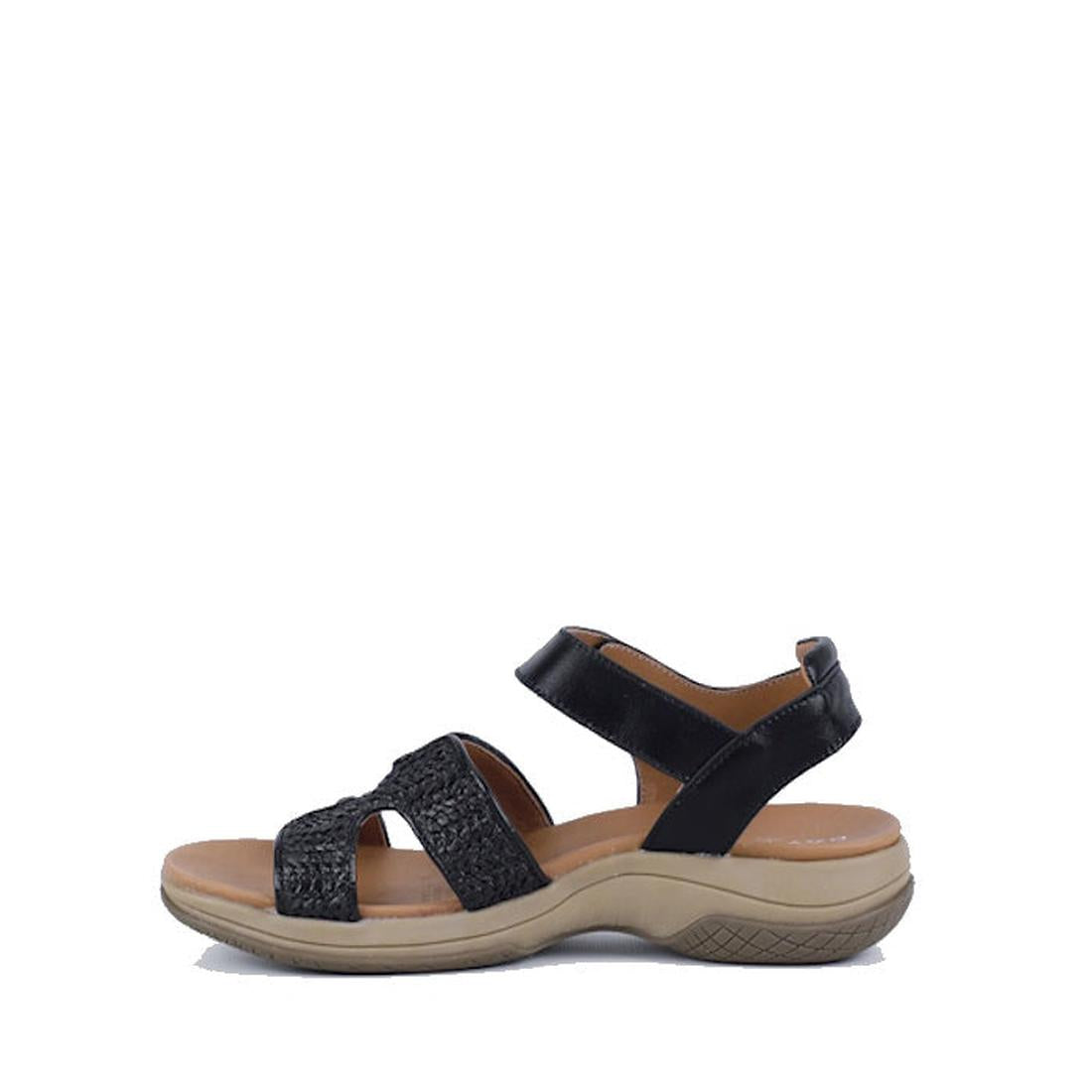 The Bay Lane Torquay Black Raffia Women's Leather Sandal features a cushioned footbed, low beige sole, adjustable ankle strap, and textured raffia-inspired front straps for comfortable, effortless casual wear., 9357649061642, 9357649061659, 9357649061666,