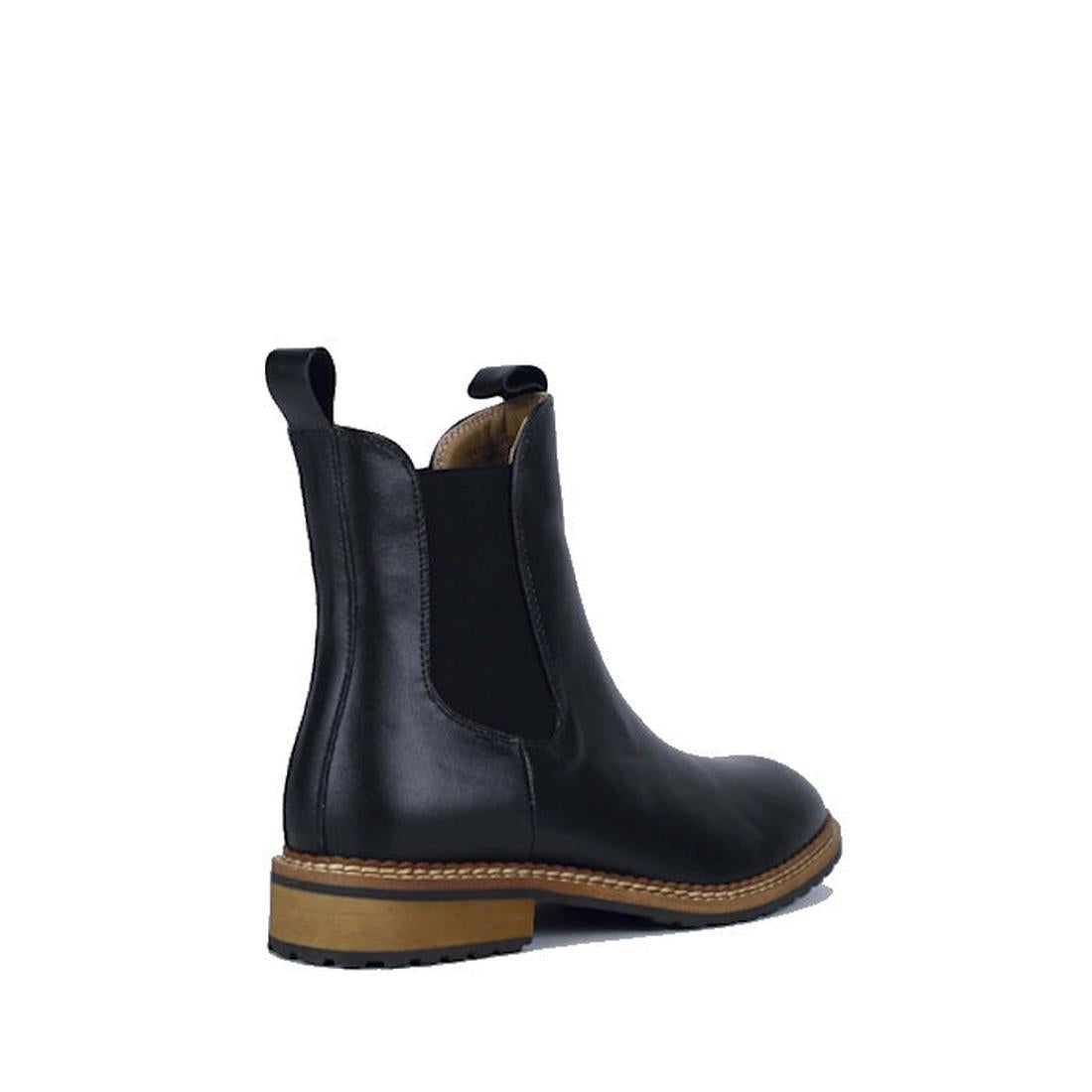The Bay Lane West Black Leather Womens Chelsea Boot is shown from a rear side angle, featuring a comfort footbed, brown sole, and black elastic side panel on a white background., 9357649081893, 9357649081909, 9357649081916, 9357649081923, 9357649081930, 9