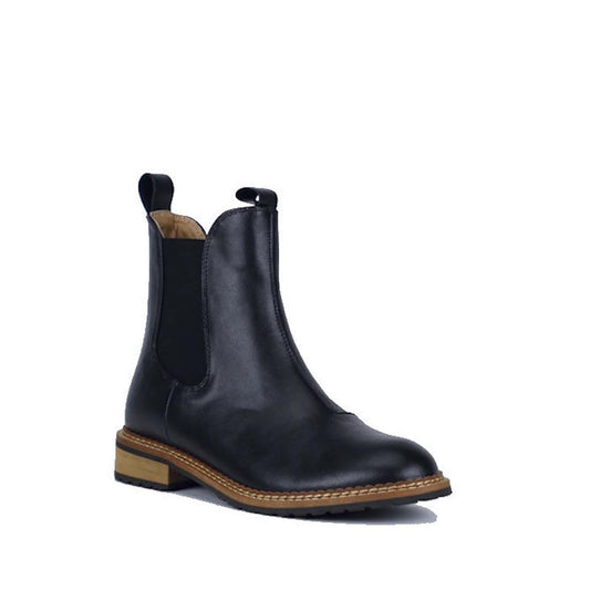 The Bay Lane West Black Leather Womens Chelsea Boot features elastic side panels, a back pull tab, a tan stacked heel and sole, and a comfort footbed. Displayed on a plain white background.