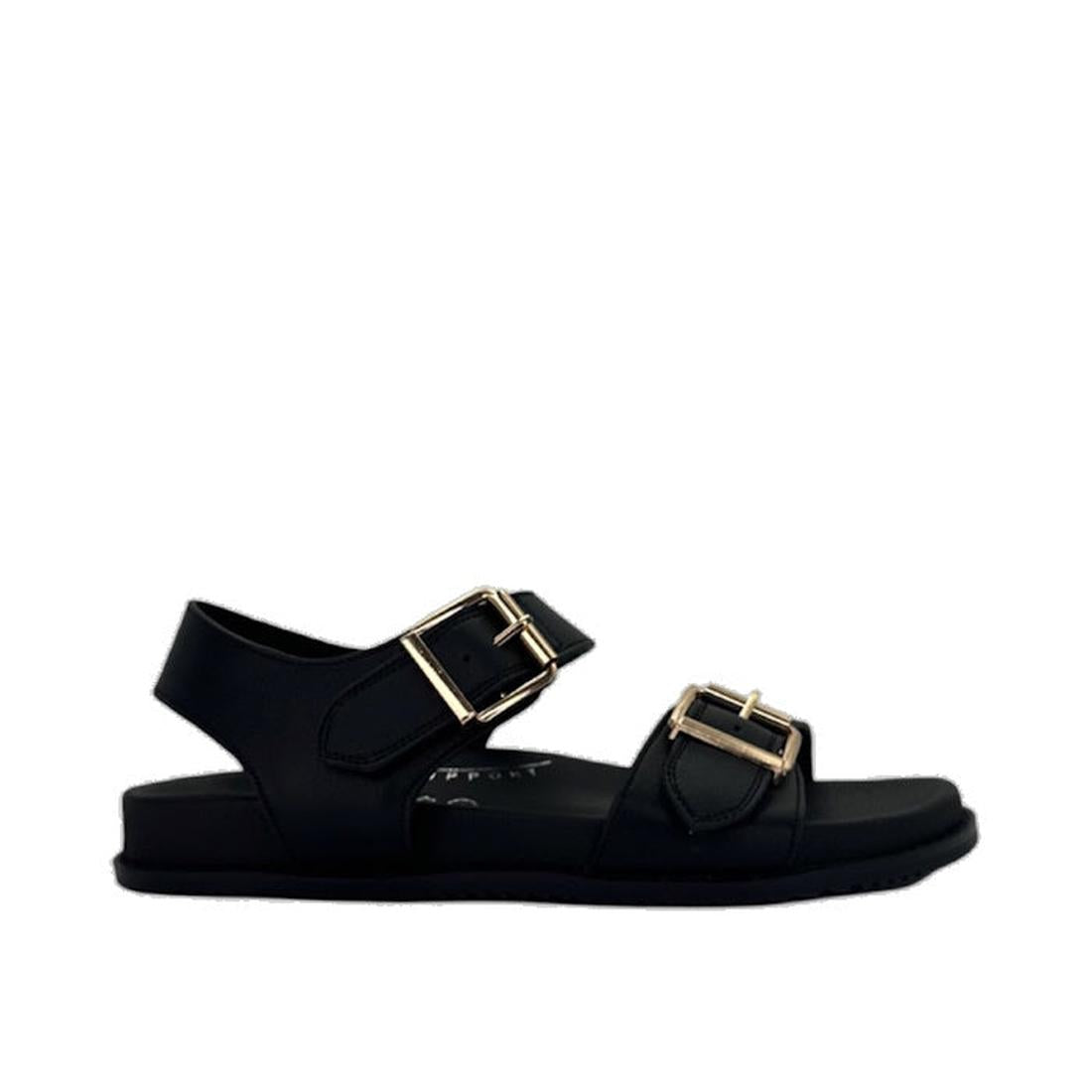 The Bay Lane Zeus Black Womens Leather Sandal with Back Strap features double gold buckle straps and a comfy footbed, shown in side profile against a white background., 9357649063868, 9357649063875, 9357649063882, 9357649063899, 9357649063905, 93576490639