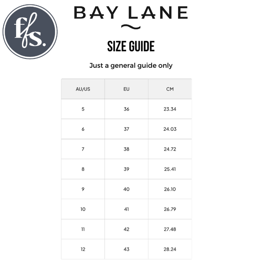 Bay Lane Zeus Denim Blue Womens Leather Sandal size guide: AU/US 5 (EU 36) to AU/US 12 (EU 43), includes luxe support footbed. Chart shows AU/US, EU, and CM sizes for women. General guide only., 9357649063806, 9357649063813, 9357649063820, 9357649063837, 