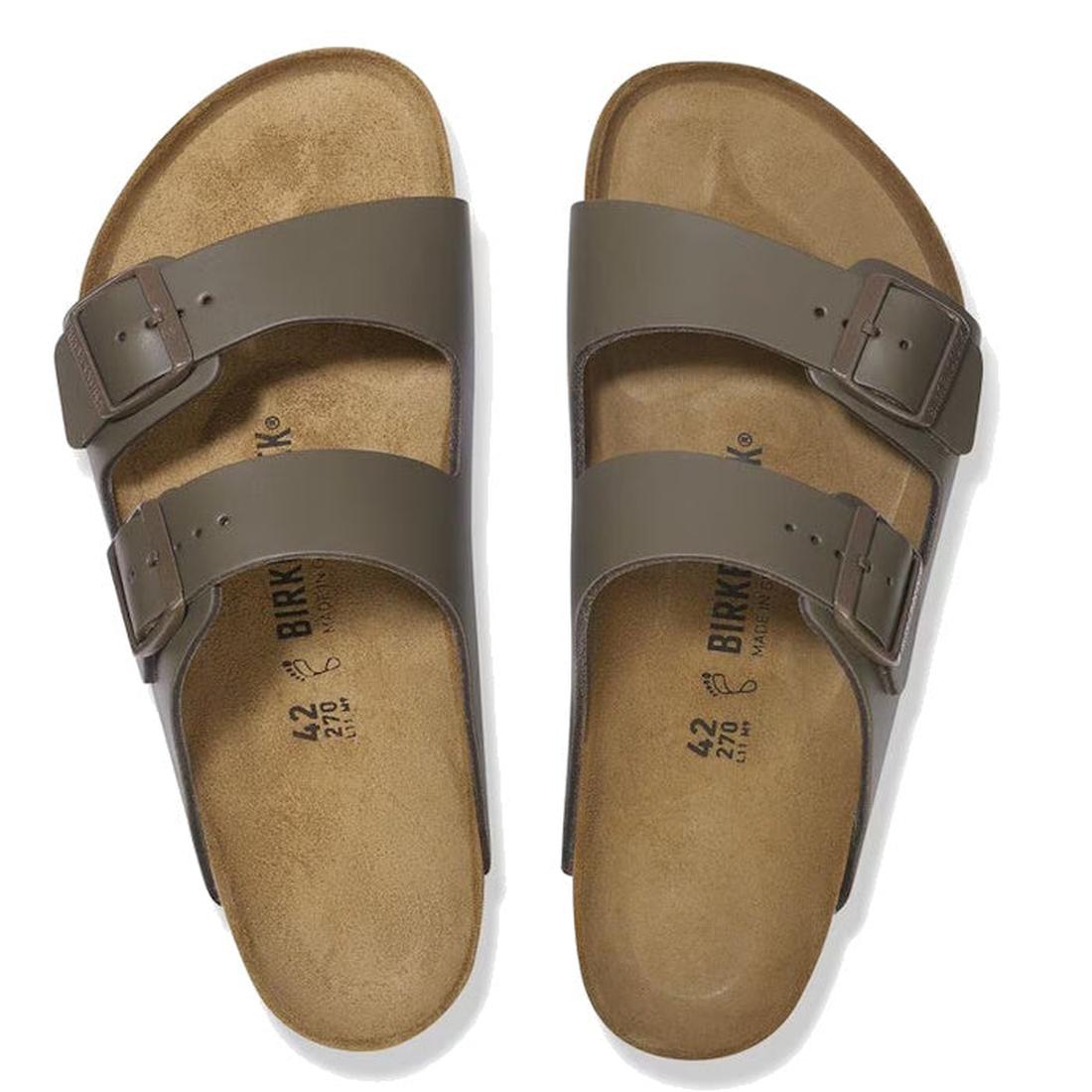 A pair of Birkenstock Arizona Smooth Natural Leather Concrete Grey sandals (regular width) with two adjustable straps and anatomically shaped footbed, shown from above., 47484, 4066648922902, 4066648922940, 4066648922988, 4066648923022, 4066648923060, 406
