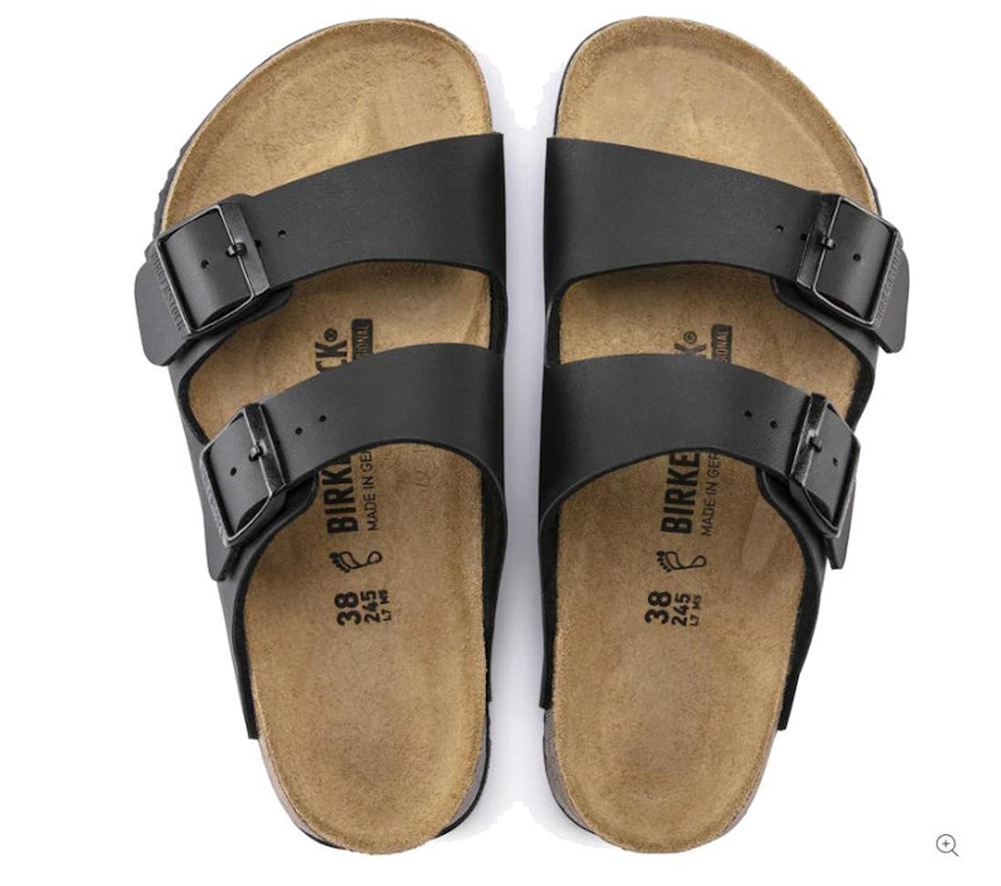 The Birkenstock Arizona PROF Birko Flor Black Regular Width sandals feature two adjustable buckle straps, cork footbeds with branding inside, and non-slip super grip soles. Shown from above on a white background., 47682, 47683, 4061416078768, 406141607880