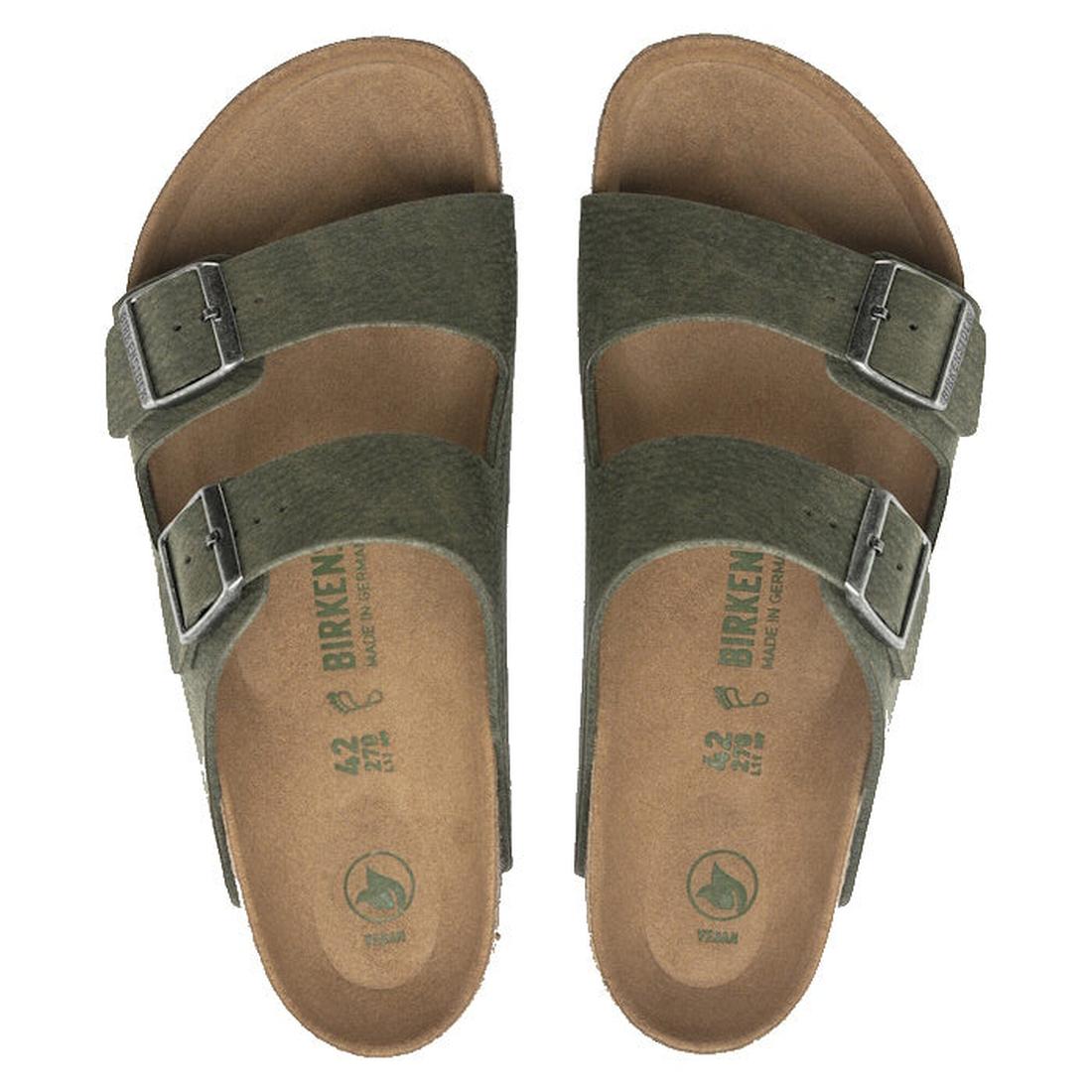 Pair of green vegan Birkenstock sandals shown top down with the 2 strap and pewter looking buckles on a white background., 4061418353306,
4061418353344,
4061418353382,
4061418353429,, 49322, 49323, 49324, 49325, 4061418353306, 4061418353344, 4061418353382