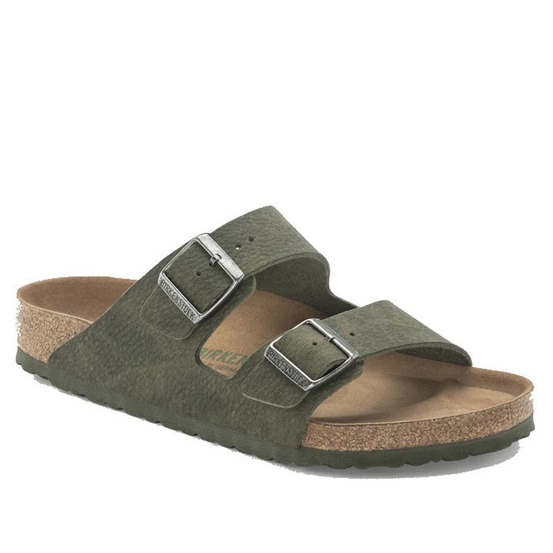side and front viewof the right foot  of a desert dust thyme Green sandal with cork sole on a white background., 4061418353306,
4061418353344,
4061418353382,
4061418353429,, 49322, 49323, 49324, 49325, 4061418353306, 4061418353344, 4061418353382, 40614183