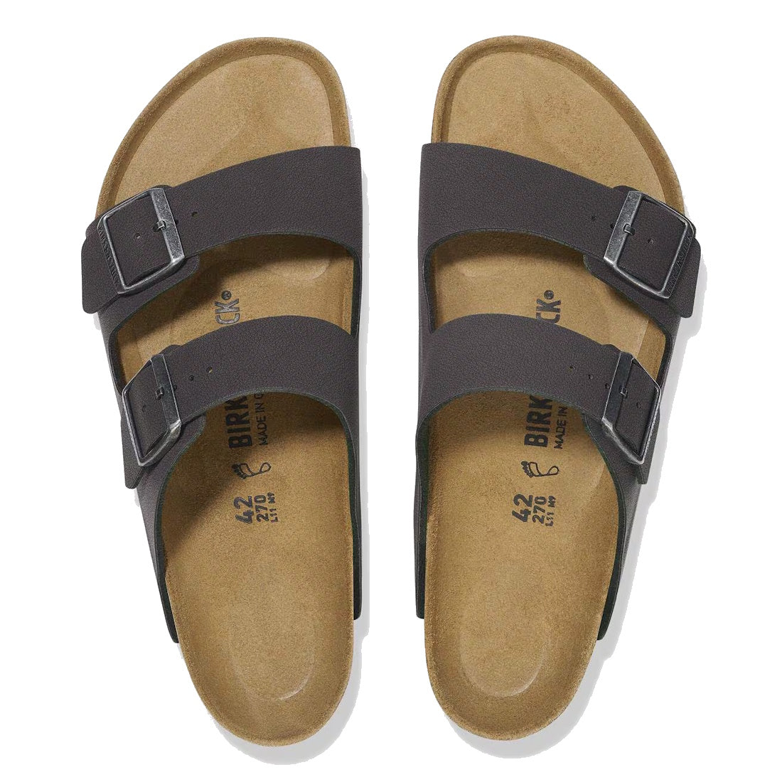 A pair of Birkenstock Arizona Velvet Grey Birkibuc sandals (Regular Fit) with two adjustable buckle straps and a supportive cork-latex footbed, viewed from above against a white background., 48705, 48706, 4066648916567, 4066648916604, 4066648916642, 40666
