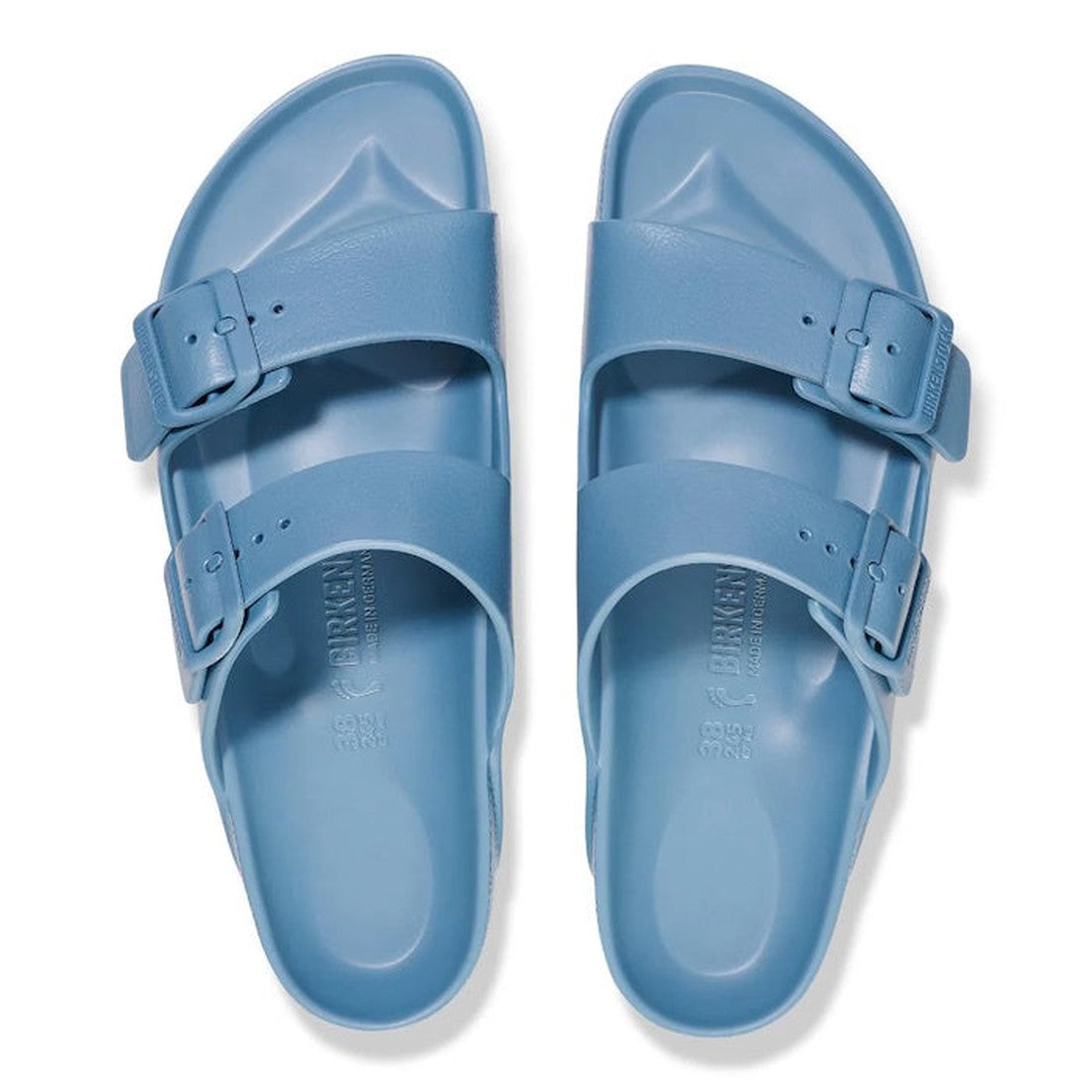 A pair of Birkenstock Arizona EVA Elemental Blue Narrow Width sandals, featuring two adjustable buckle straps, is shown from above on a white background. These waterproof sandals offer comfort and style for any casual occasion., 4066648347804, 40666483478