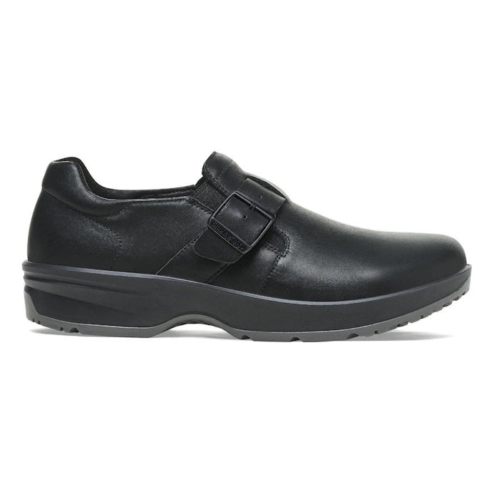 The BIRKENSTOCK Caris Pro Slip Resistant Black Leather Shoe features a rounded toe, wide hook-and-loop strap, and thick textured sole. Comfortable and supportive, this slip-on is perfect occupational footwear for everyday wear.