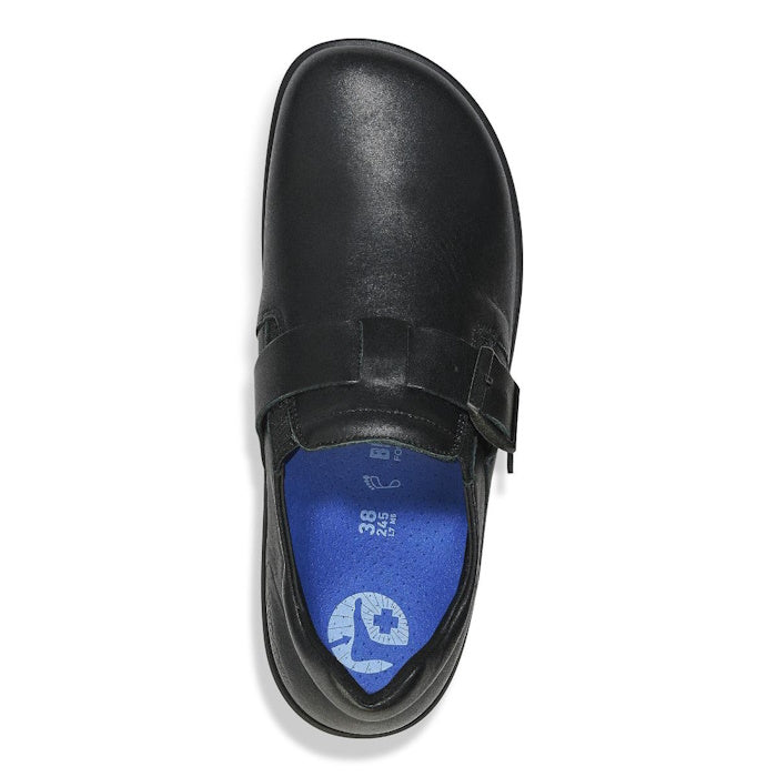 Top view of the BIRKENSTOCK Caris Pro Slip Resistant Black Leather Shoe featuring a strap, blue insole with size 38 and white logo, designed for comfort and slip-resistant performance at work.