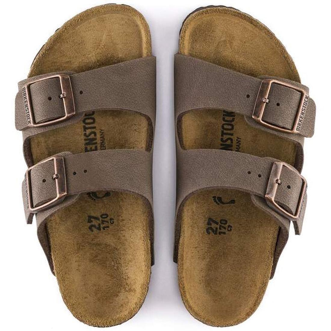A pair of Birkenstock Kids Arizona Mocca Birkibuc Narrow Slides with two adjustable straps and buckles, shown from above on a white background., 48050, 48051, 48052, 4052001281663, 4052001281670, 4052001281687, 4052001281694, 4052001281700, 48058