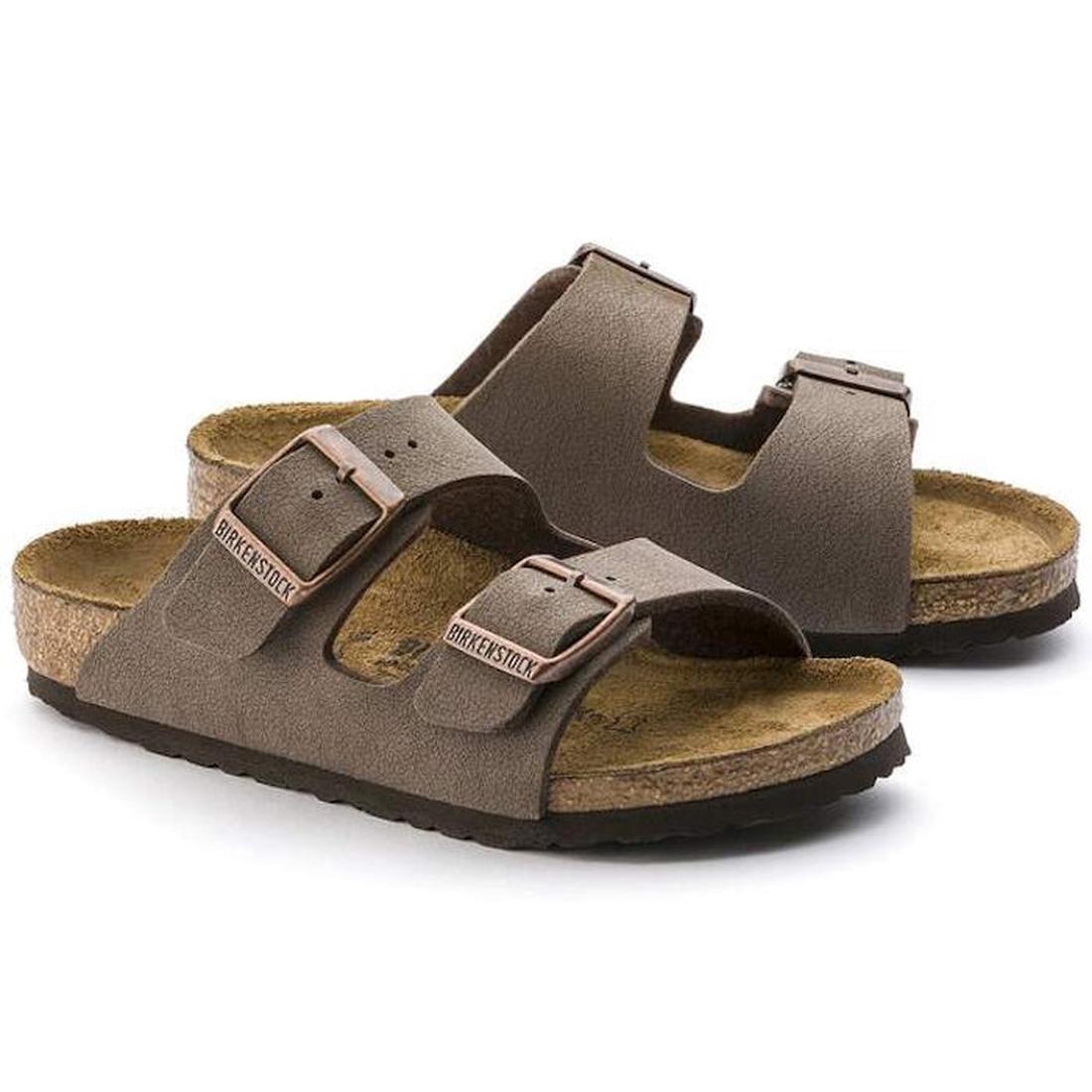 A pair of Birkenstock Kids Arizona Mocca Birkibuc Narrow Slides featuring two adjustable buckle straps, shown on a white background., 48050, 48051, 48052, 4052001281663, 4052001281670, 4052001281687, 4052001281694, 4052001281700, 48058